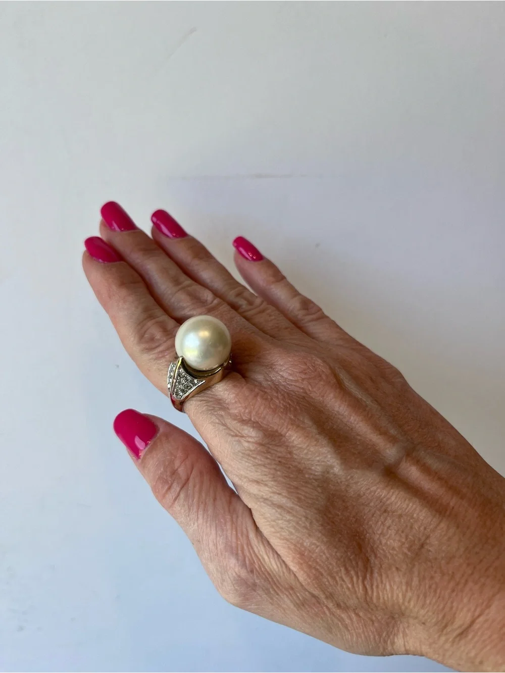 Vintage Panetta Faux Pearl & Crystals Gold Tone Sterling Cocktail Statement Ring